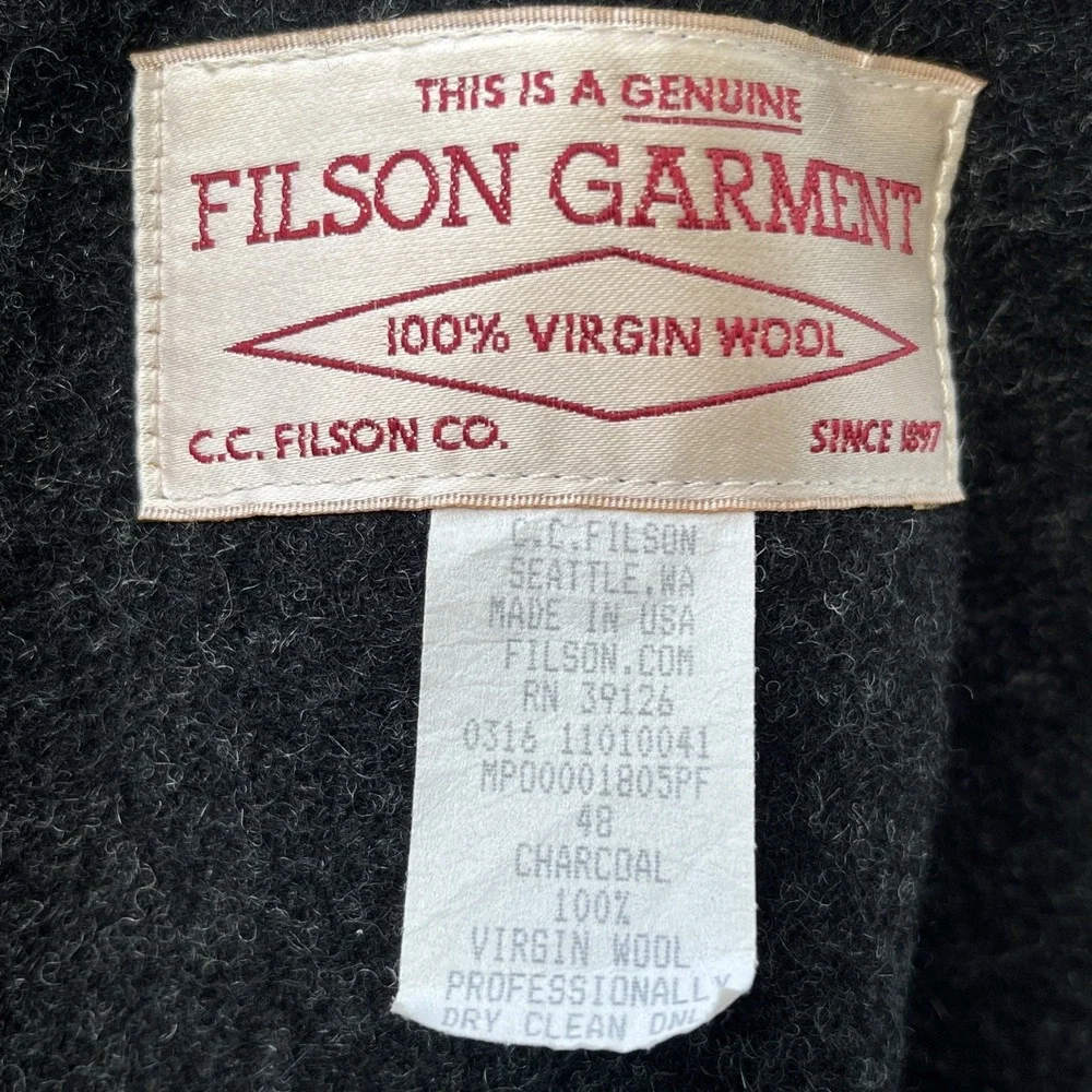 Filson Double Mackinaw Cruiser Size 48 Made In USA Charcoal Color